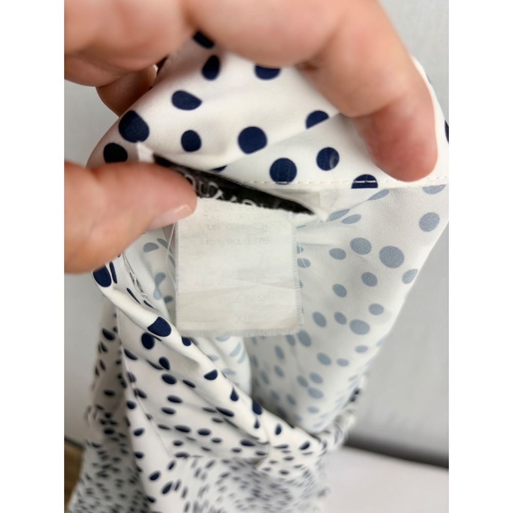 Polka Dot Button Down Short Sleeve Camp Collar Shirt White Navy Blue Blouse - Picture 13 of 13